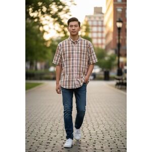 US Expedition Men's‎ Plaid Short Sleeve Shirt Size L Preppy vintage button up